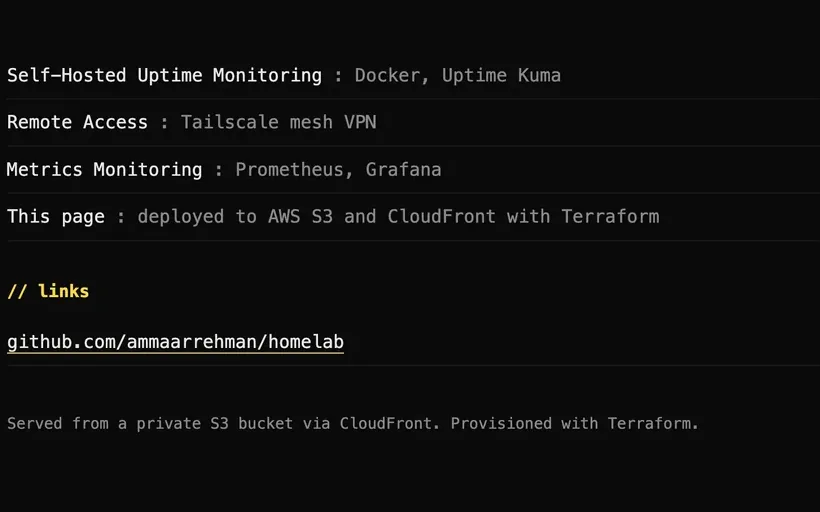 The deployed static site listing homelab projects, with the footer: served from a private S3 bucket via CloudFront, provisioned with Terraform
